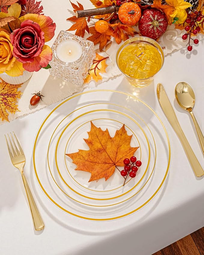 Plastic Plates Set, Clear Gold with Gold Trim, 300 Pieces