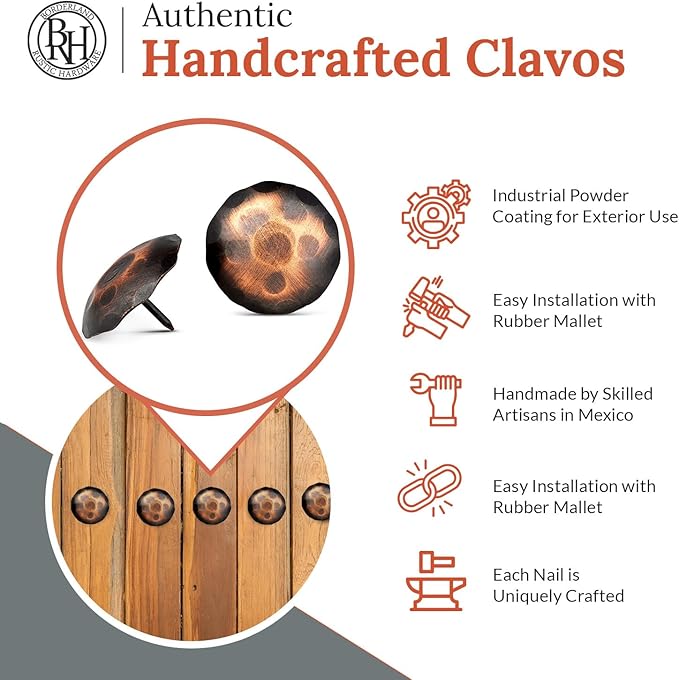 10 Pack 2" Round Head Iron Clavos Decorative Nails – Oil Rubbed Bronze – Handmade Rustic Round Fasteners for Farmhouse Shutters, Faux Wood, Barn Doors, Shutters, Gates – Ornamental Wood Accent