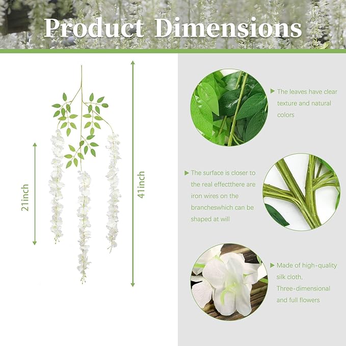 24 Pack Green White Wisteria Hanging Flowers, 3.4 Ft Fake Hanging Flowers, Artificial Wisteria Garland Vines for Wedding Room Backdrop Outdoor Patio Garden Decoration