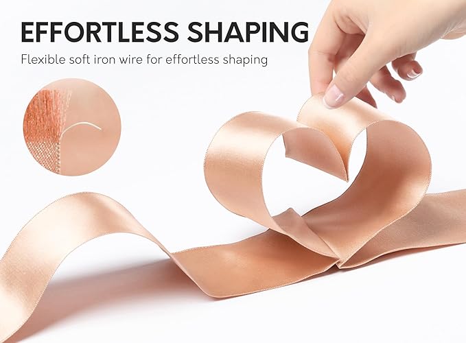 Rose Gold Satin Ribbon Double-Faced Wired Ribbons for Gift Wrapping Flower Bouquet Bows Wedding Invitation Christmas Decor Crafts 1-1/2 Inch 10 Yards
