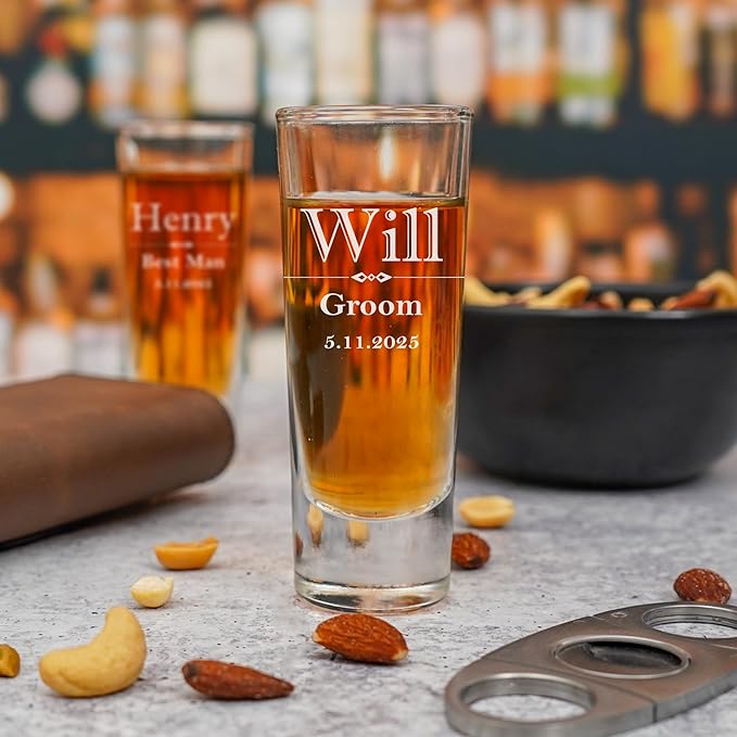 Custom Engraved Shot Glass – 2oz Tall Clear Glass – Personalized Gift for Wedding Party – Classic Etched Barware Keepsake for Groomsmen, Bridesmaids, and More (1)