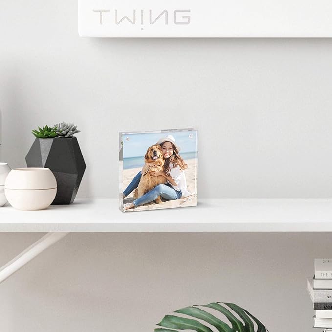 TWING 5 Pack 4 x 6 Acrylic Frame, Horizontal Magnet Double Sided 4x6 Picture Frame,12+12MM Thick Clear Frameless Desktop Display Self Standing Magnetic Acrylic Block Photo Frame
