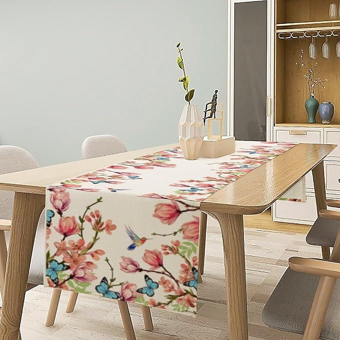 Spring Floral Bird Table Runner, Watercolor Pink Flower Plants Nature Butterfly Table Runner for Kitchen Dinner Living Room Home Party, 13x90 Inch