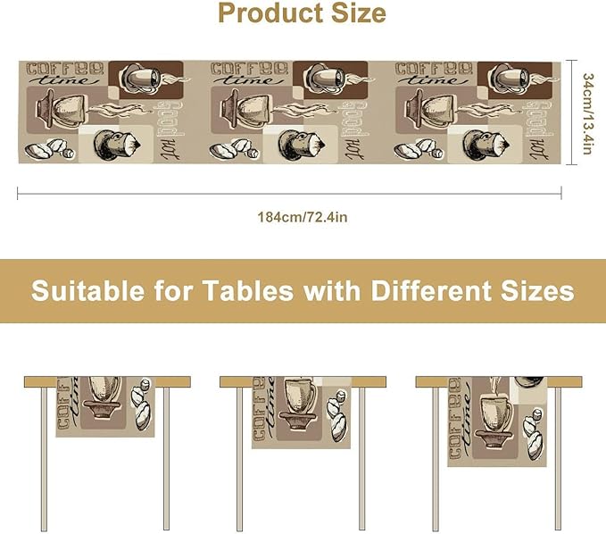 Coffee Table Runner,Vintage Style Coffee Cup Bean Abstract Theme Pattern Print Tablecloth Burlap for Hotel Indoors Outdoor Dining Room Kitchen Table Decor, 13x90in