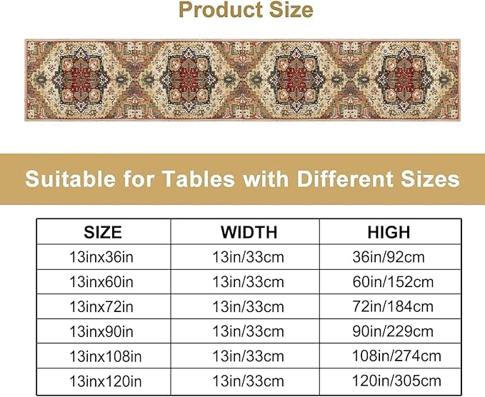 Boho Bohemia Style Table Runner, Vintage Yellow Brown Retro Flower Rustic Country Style Floral Print Pattern for Home Kitchen Table Decor Dining Coffee Room Garden Party Decor 13x60in