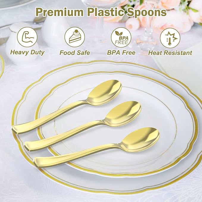 Spoons: 100 Count Gold Heavy Duty Plastic Disposable Flatware