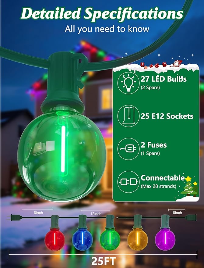 String Lights: 25 ft Multicolor G40 Globe LED, Shatterproof Outdoor