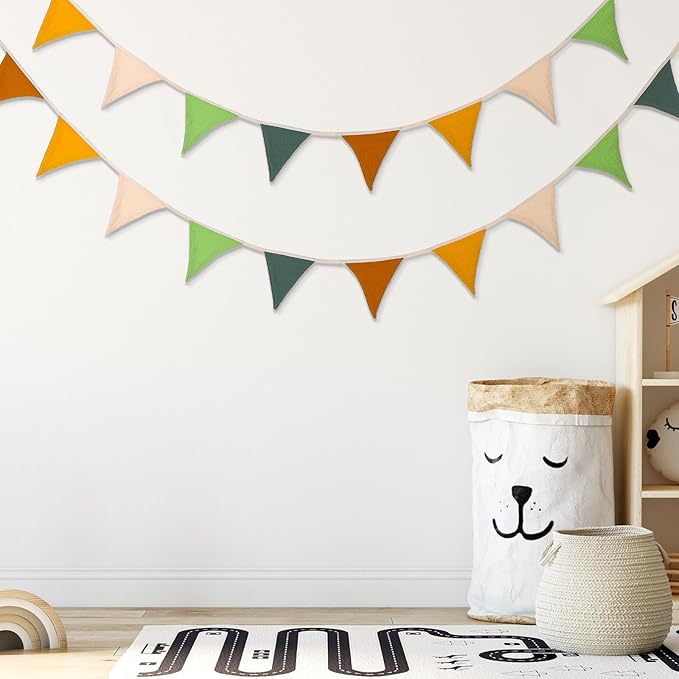 Oudain 15.5 ft Pennant Banner Flags, 2 Pcs Nursery Garland Triangle Bunting Flag Baby Banner for Nursery Decor Baby Birthday Boho Wedding Shower Party Event, Each 7.75 ft(Retro Forest Color)