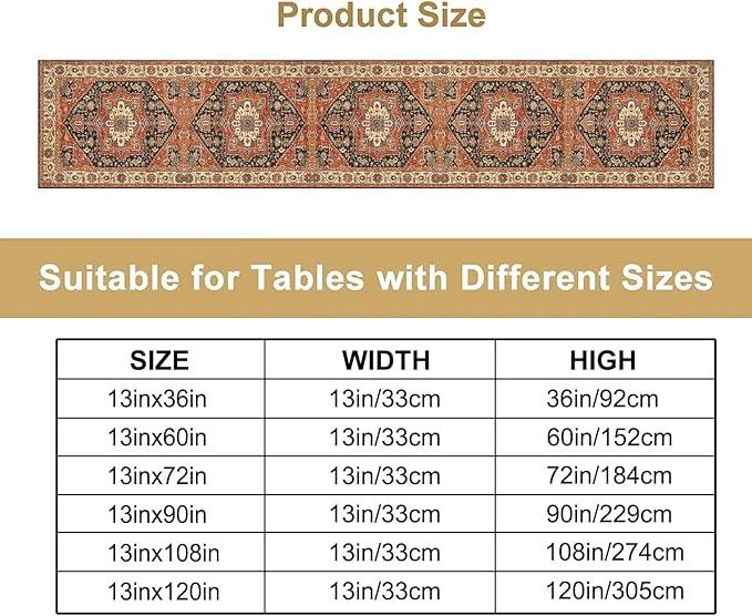 Vintage Boho Floral Table Runner, Rustic Country Farmhouse Orange Black Retro Flower Pattern for Home Kitchen Table Decor Dining Coffee Room Party Decor 13x120in