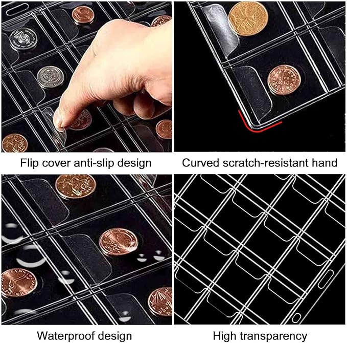 Fireproof Coin Currency Collection Album Book for Collectors, 360 Pockets and 15 Sleeves Paper Money Collecting Album for Coin Currency Collection Supplies, Stamp, Bill