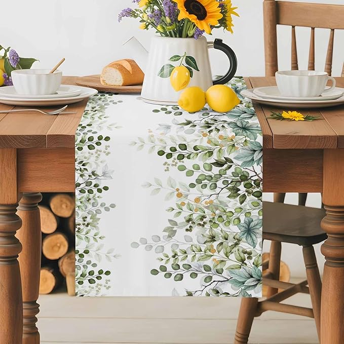 Sage Green Eucalyptus Cotton Linen Table Runner for Dining Kitchen, Farmhouse Leaves Wedding Outdoor Party Tablerunners Decoration Botanical Floral Dresser Scarf Coffee Tablecloth Runners 13x90 Inches