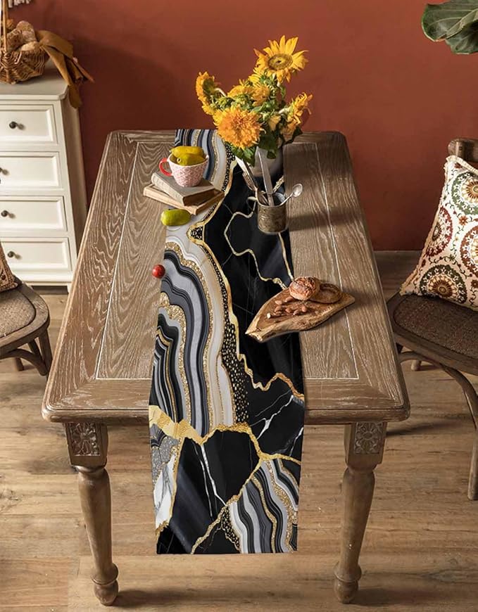 Geometric Black Marble Cotton Linen Table Runner for Dining Kitchen, Wedding Outdoor Party Tablerunners Decoration,Farm Marble Liquid Ripple Abstract Dresser Scarf Coffee Tablecloth Runners 13''x108''