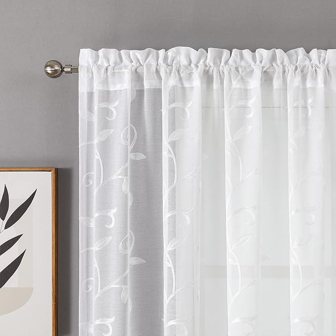 VISIONTEX White Leaves Sheer Voile Curtains, Decorative Embroidery Rod Pocket Window Drapes for Home Living Room and Bedroom 54 x 95 Inch, Set of 2 Curtain Panels