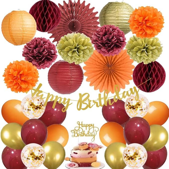 Tissue Pom Poms Fall Birthday Party Decor Kit, Burgundy Orange Gold