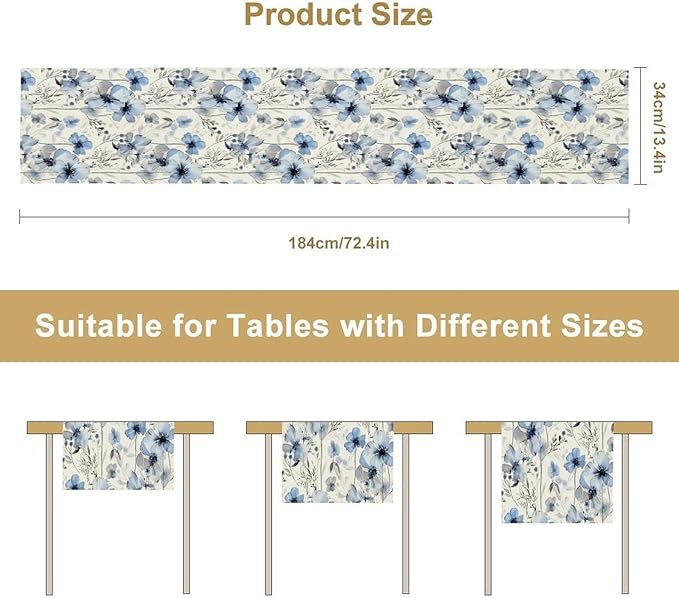Watercolor Floral Table Runner, Blue Poppy Flower Seasonal Spring Summer Table Runner for Kitchen Dinning Table Runner Decor Home Wedding Party Holiday, 13x36 Inch