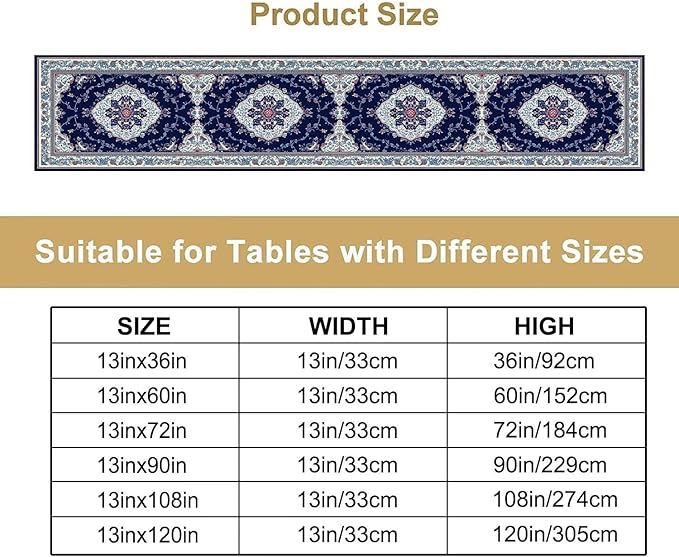 Elegant Palace Boho Blue Table Runner Vintage French Style Farmhouse Geometric Home Farmhouse Kitchen Table Dining Coffee Room Garden Party Wedding Decor 13x108in