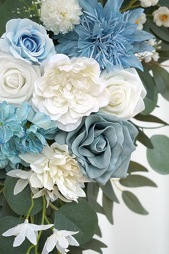 Artificial Flower Swag Set of 2 for Wedding Welcome Signs Floral Decorations, Blue Wedding Arch Flowers for Wedding Ceremony (Blue & Ivory)