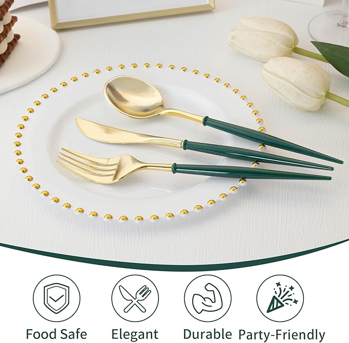 Disposable Gold Plastic Spoons, 150 Count, Green Handles