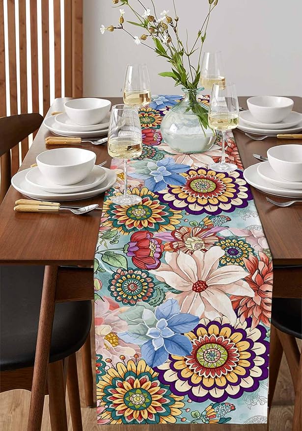 Boho Flowers Cotton Linen Table Runner for Dining Kitchen, Wedding Outdoor Party Tablerunners Decoration, Colorful Floral Farm Vintage Botanical Dresser Scarf Coffee Tablecloth Runners 13x90 Inches