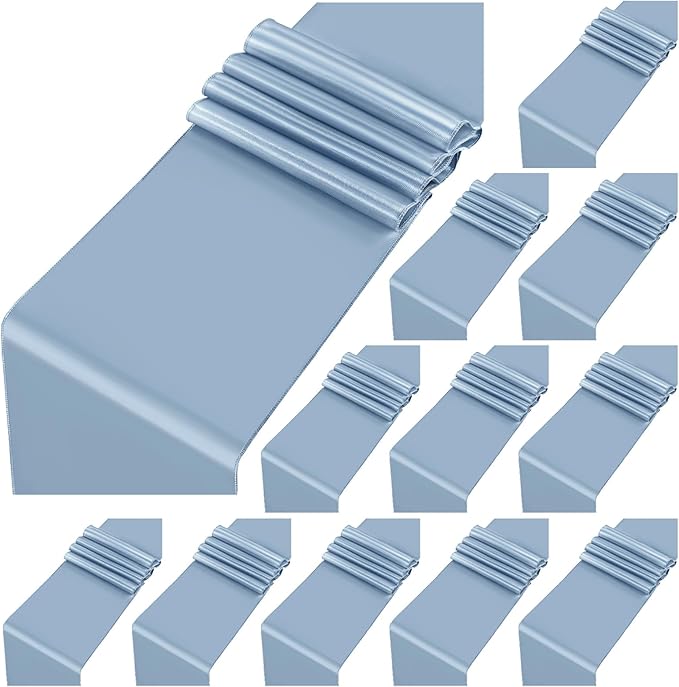 12 Pack Dusty Blue Satin Table Runner,12 x 108 inch Long Premium Smooth Table Runner for Wedding, Banquets, Birthday, Party, Graduation, Engagements,Table Runners fit Rectangle and Round Table