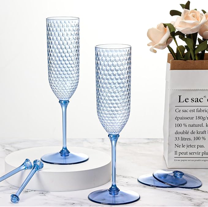 Champagne Glasses, Blue Plastic 5.5 Oz Detachable 2-Piece Flutes