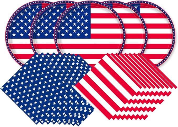 Paper Party Plates with Napkins, American Flag Design, 150 Count
