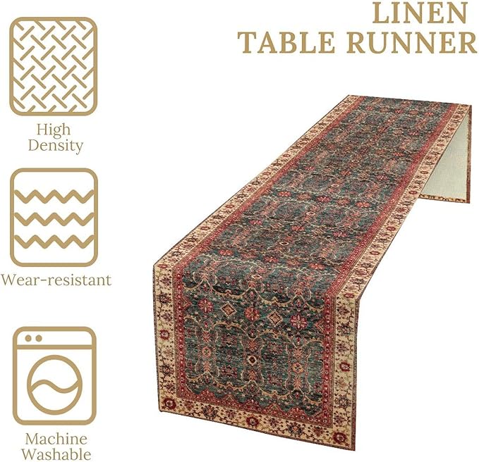 Vintage Boho Floral Table Runner, Rustic Country Farmhouse Red Teal Retro Flower Pattern for Home Kitchen Table Decor Dining Coffee Room Party Decor 13x72in