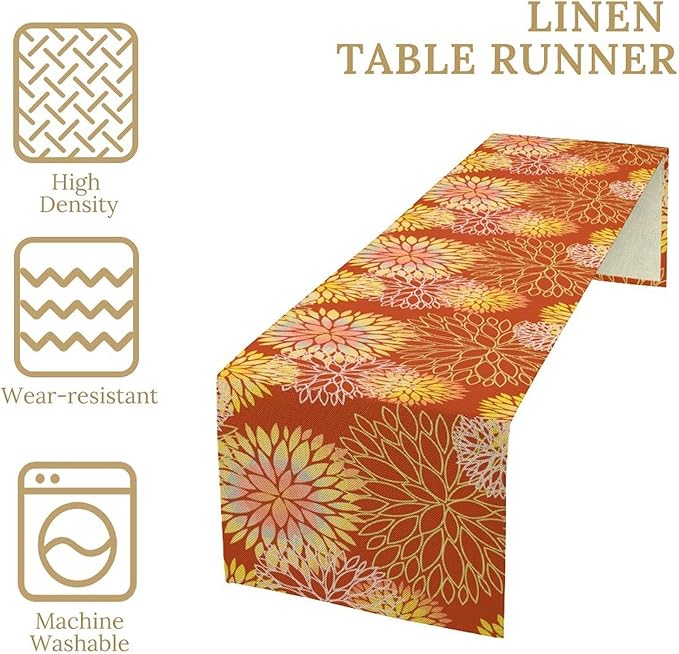 Yellow Floral Table Runner, Chrysanthemum Autumn Spring Summer Vintage Modern Linen Geometric Table Runner for Kitchen Living Room Bedroom Party Holiday, 13x36 Inch
