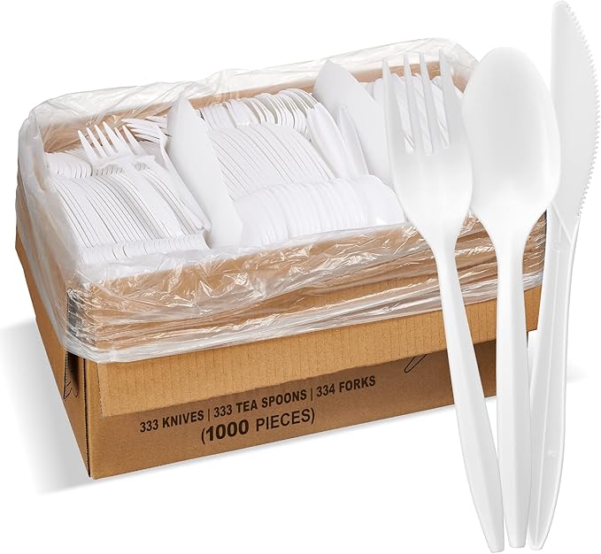 Plastic Spoons and Cutlery Variety Pack, 1,000 Count, White, Medium Weight