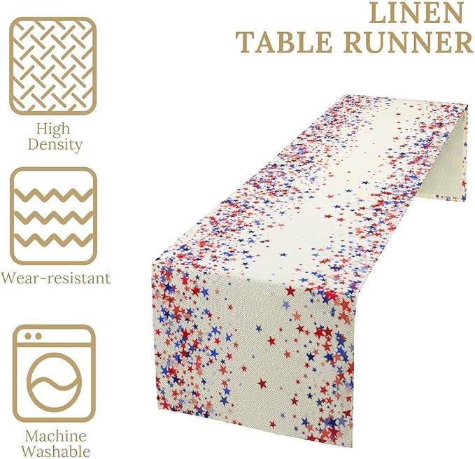 Independence Day Table Runner, 4th of July Red Blue Stars American President Day Holiday Confetti Print Table Cover for Kitchen Dining Table Indoor Outdoor Party, 13x70inch
