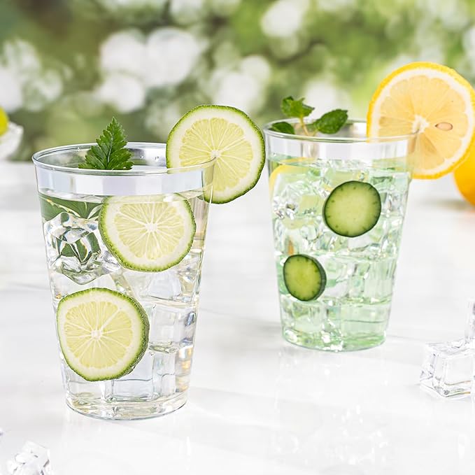 Disposable Plastic Cups with Silver Rim, 12 oz, 100 Count Clear