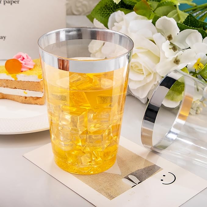 Party Cups, 12 Oz Clear Plastic with Silver Rim, 50 Count