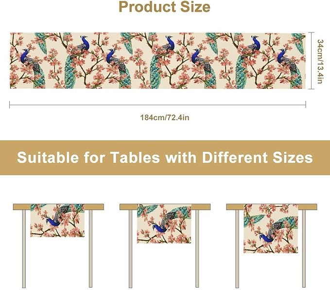 Peacock Table Runner,Spring Floral Peacock Birds Table Runner for Home Kitchen Dining Party Indoor Outdoor Decoration 13x70 Inch