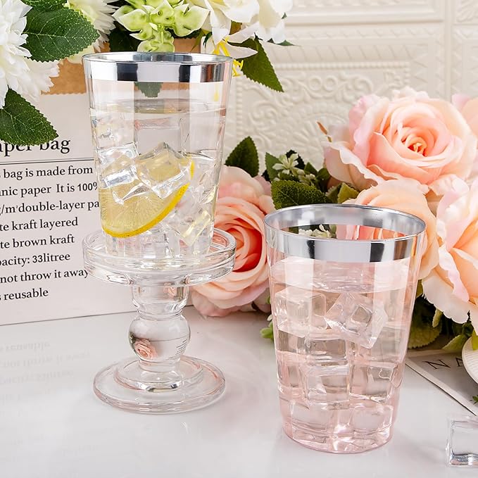 Party Cups, 12 Oz Clear Plastic with Silver Rim, 50 Count