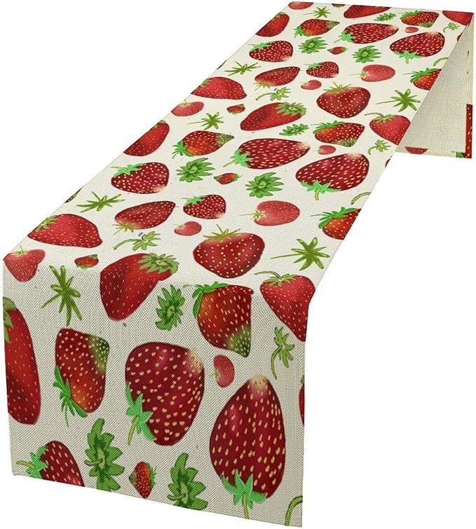 Strawberry Table Runner Spring Summer Fruit Wild Berry Forest Garden Dinner Runner for Girl Baby Shower Party Holiday Home Kitchen Dining Table Decor 13x70