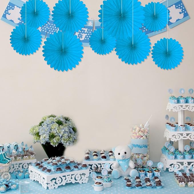 20 Pcs Sky Blue Hanging Paper Fan, Round Paper Fans Decorations Set for Weddings, Birthdays, Engagement, Bridal Shower, Baby Shower Event, Graduation, Party Supplies Decor