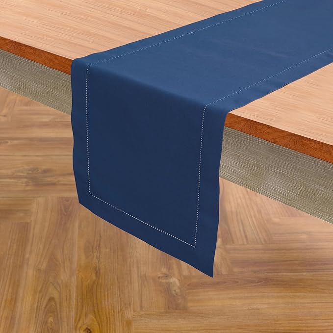 Solino Home Cotton Linen Lapis Blue Table Runner 72 Inches Long - Hemstitch Table Runner 14 x 72 Inch for Dresser, Dining, Fall, Autumn, Halloween