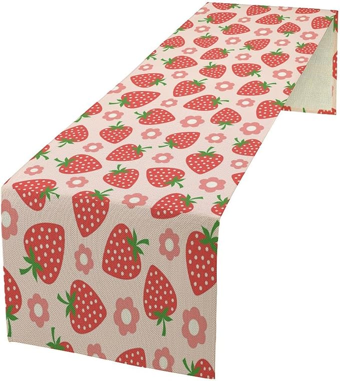 Strawberry Table Runner Spring Summer Fruit Pink Berry Forest Garden Dinner Runner for Girl Baby Shower Party Holiday Home Kitchen Dining Table Decor 13x108