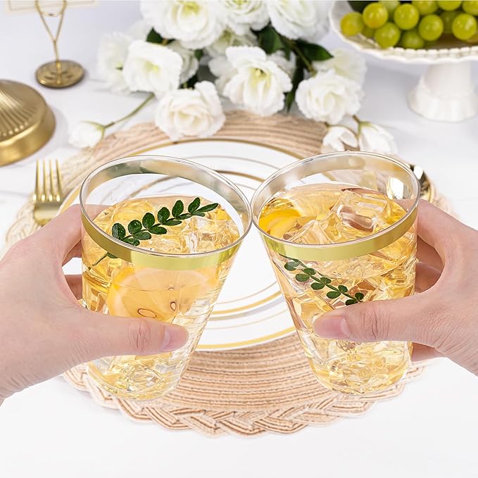 Disposable Plastic Party Cups, 12 oz Clear with Gold Rim, 100 Count