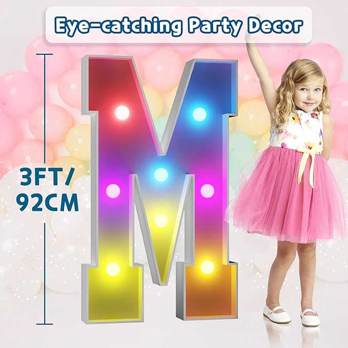 Marquee Light Up Letter M Decoration, 3 FT with Remote and 16 Colors