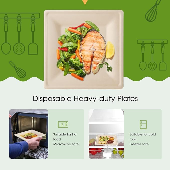 Disposable Plates, 6 Inch Square, 125 Count, Compostable Sugarcane