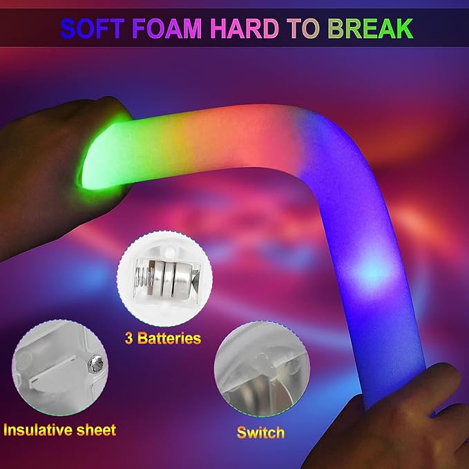 LifBetter Light Up Glow Sticks Bulk, LED Foam Sticks 112 pcs Glow in The Dark with 3 Modes Flashing Led Foam Multicolor Batons Light up Party Favors for Birthdays, Weddings, Concerts, Festivals