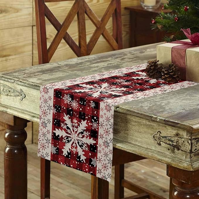 Buffalo Plaid Christmas Cotton Linen Table Runner for Dining Kitchen, Snowflake Red Black Check Wedding Outdoor Party Tablerunner Decoration, Retro Dresser Scarf Coffee Tablecloth Runners 13x70 Inches