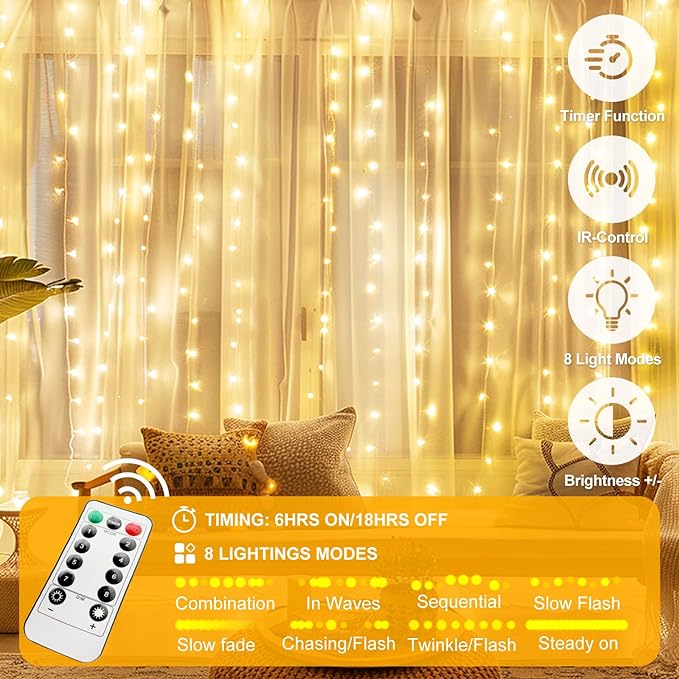 Fairy Curtain Lights Upgraded Tangle-Free Warm White USB Plug in 8 Modes String Hanging Lights with Remote for Christmas, Bedroom, Indoor, Outdoor, Weddings, Party (10FTx10FT)