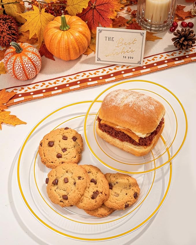 Plastic Plates Set, Clear Gold with Gold Trim, 300 Pieces
