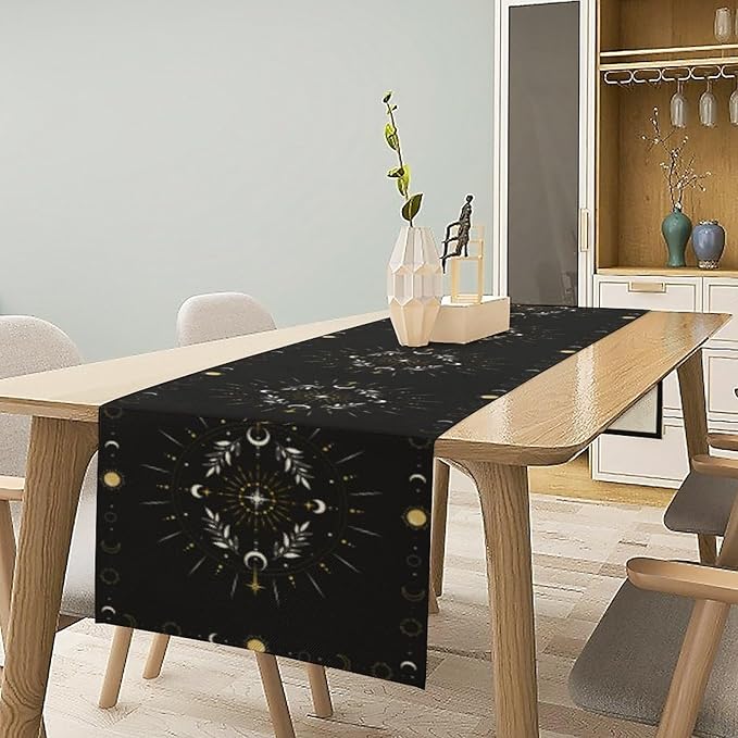 Sun Moon Table Runner - Magical Leaves Mysterious Western Traditional Elements Black White Table Runner for Party Living Room Home Kitchen Dinner - 13x108 Inch