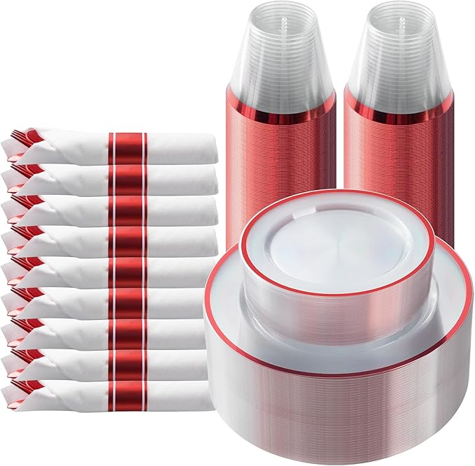Party Plates Set in Red Plastic, 175 Pieces for 25 Guests