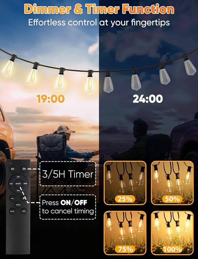String Lights 50 Ft Waterproof Warm White LED Patio Lights with Remote