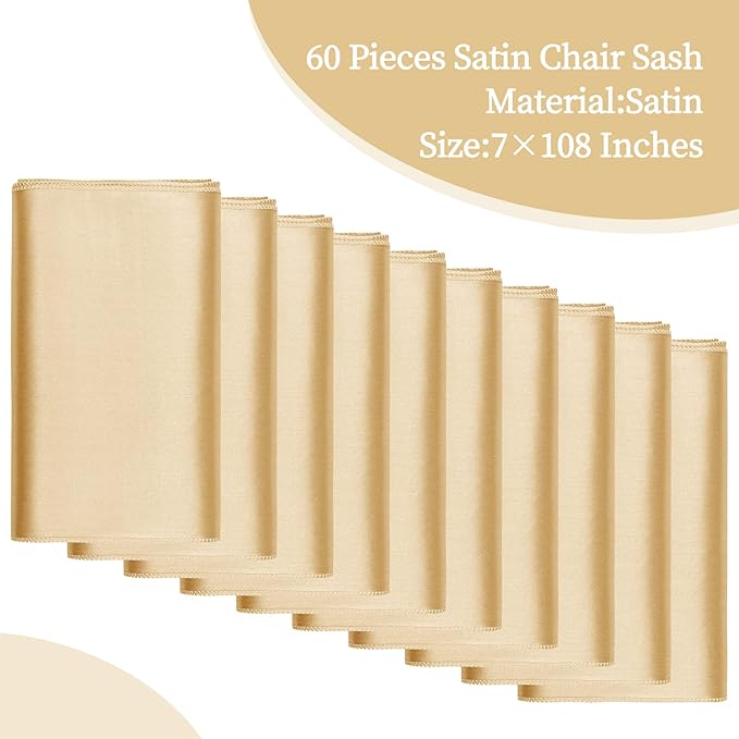 Dining Chair Sashes 60 Pack Champagne Satin 7 x 108 Inch Bows
