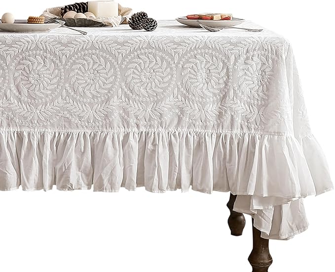 patdrea Vintage Ruffle Tablecloth for Square Tables,Farmhouse Embroidered Cotton White Lace Table Cloth Cover Decor for Dining Room Wedding Banquet Thanksgiving Christmas,67"*67"